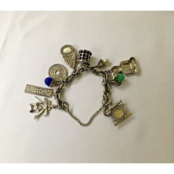 Vintage Chinese Charm Bracelet Loaded Tea House Buddha Dragon Enamel Silver Tone - Picture 3 of 4